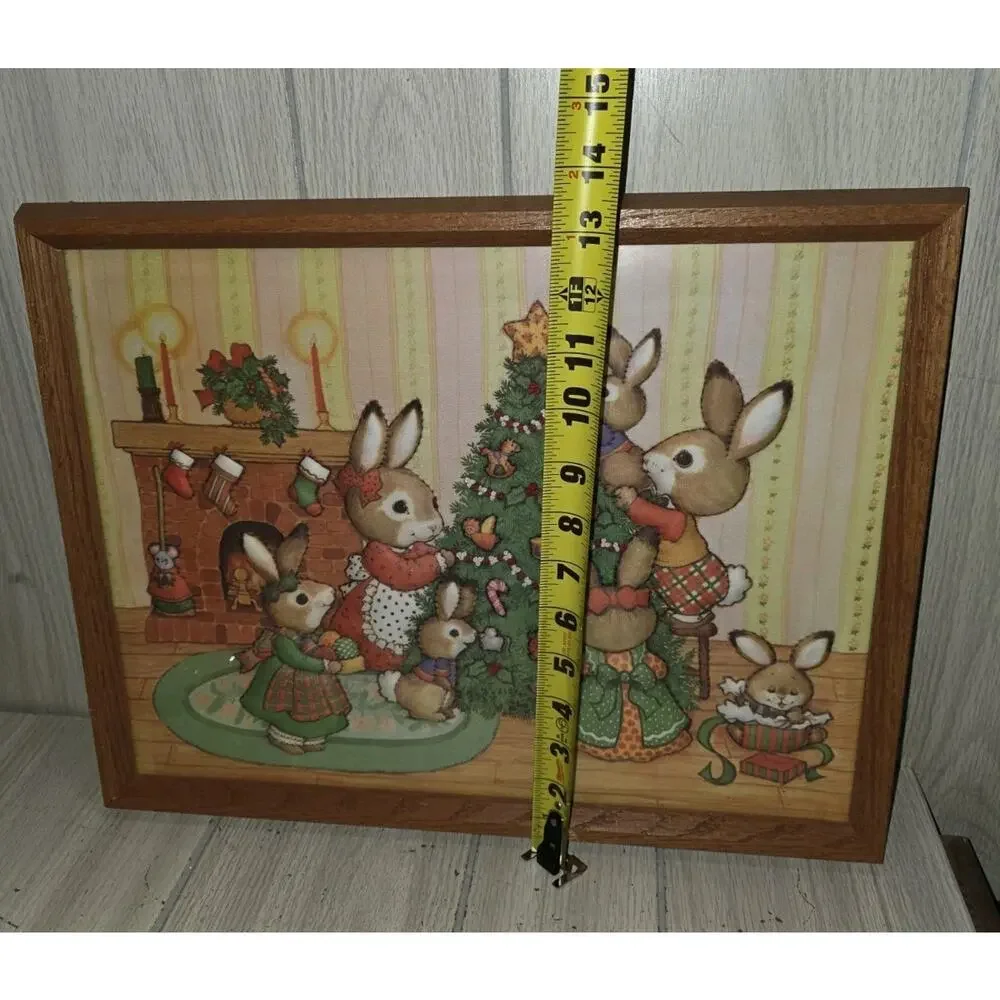 Vtg 80s Finished 3D Quilted Needle Craft Bunny Rabbit Family Christmas Framed